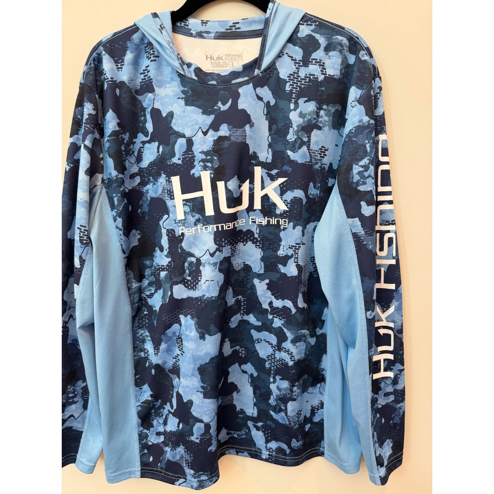 Huk Performance Fishing Hoodie Mens Large Blue Camo Sun Shirt Long Sleeve